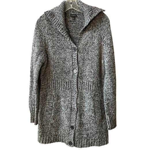 Talbots Chunky Knit Sweater Gray Size Large Sailor Collar Cardigan Buttons Cozy - Picture 1 of 6